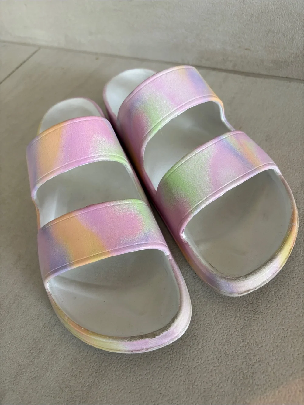 Old Navy Pastel Rainbow Double-Strap Slide Sandals - Pink/Yellow/Green